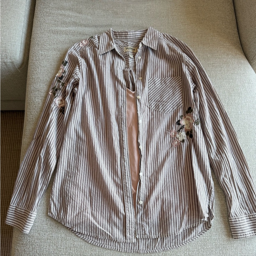 Express Striped Floral Button Up Shirt With Tank Top